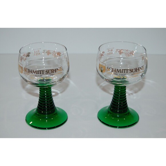2 Vintage German SCHMITT SOHNE Cordial Wine GLASSES Goblet Green Ribbed Stem - Picture 1 of 5